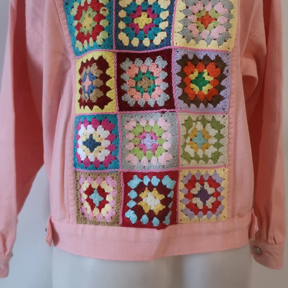 NWT Womens Regina (Item- 217) Pink Multicolor Crochet Motif Denim Jacket L - Picture 6 of 8